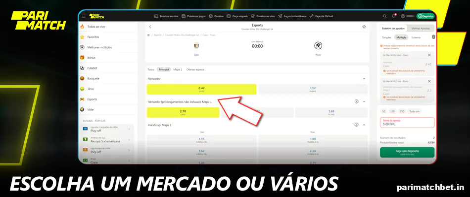 Selecione o mercado de apostas CS 2 em Parimatch Brasil